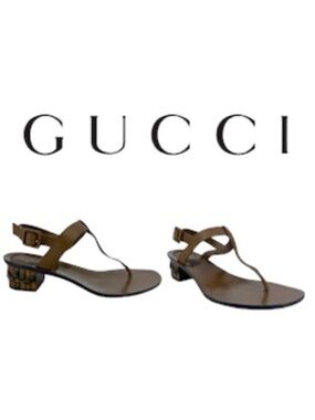 GUCCI Dahlia Bamboo Heel Thong Leather Sandals Size 38 1/2 WITH COA